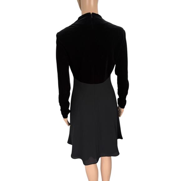 Y2K Black Velvet Babydoll Mock Neck Midi Dress Preppy Old Money Holiday Evening - Picture 4 of 6
